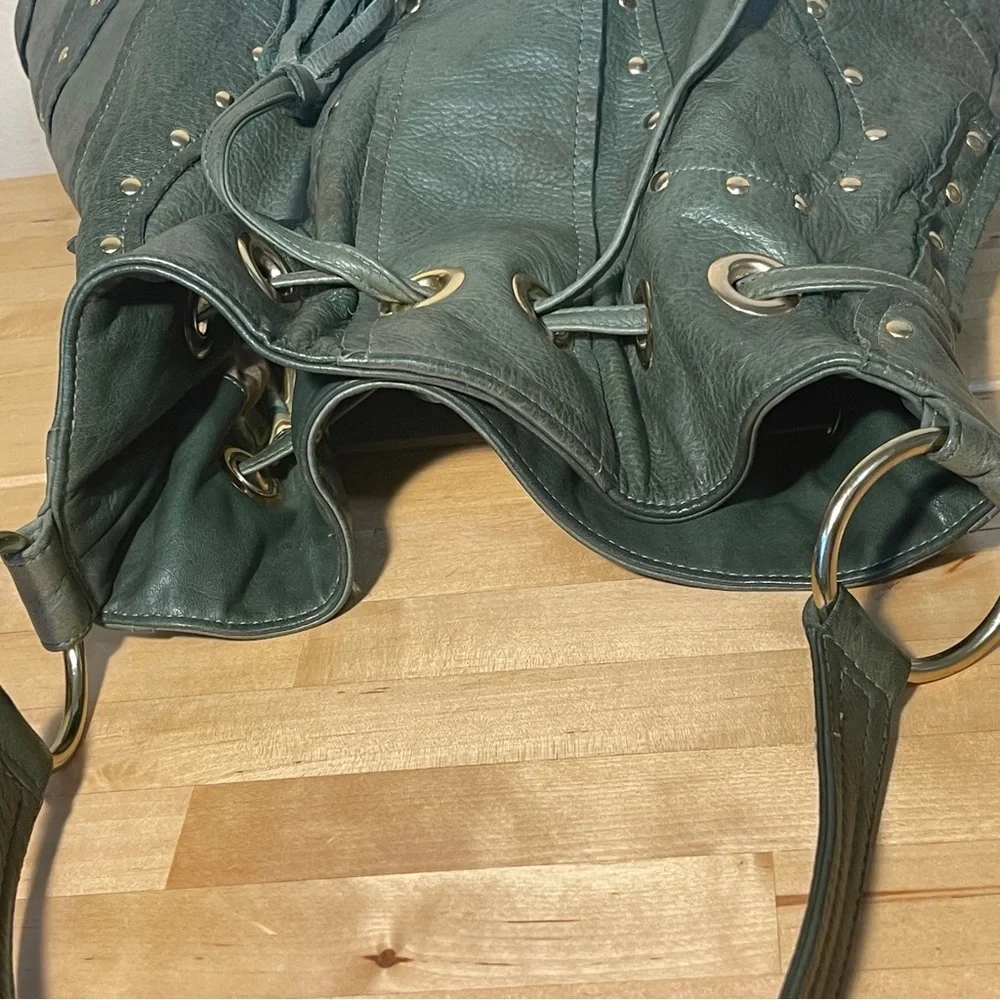 Vintage Y2K Bulga Green Leather Studded Hobo Bag Drawstring Tassel Purse